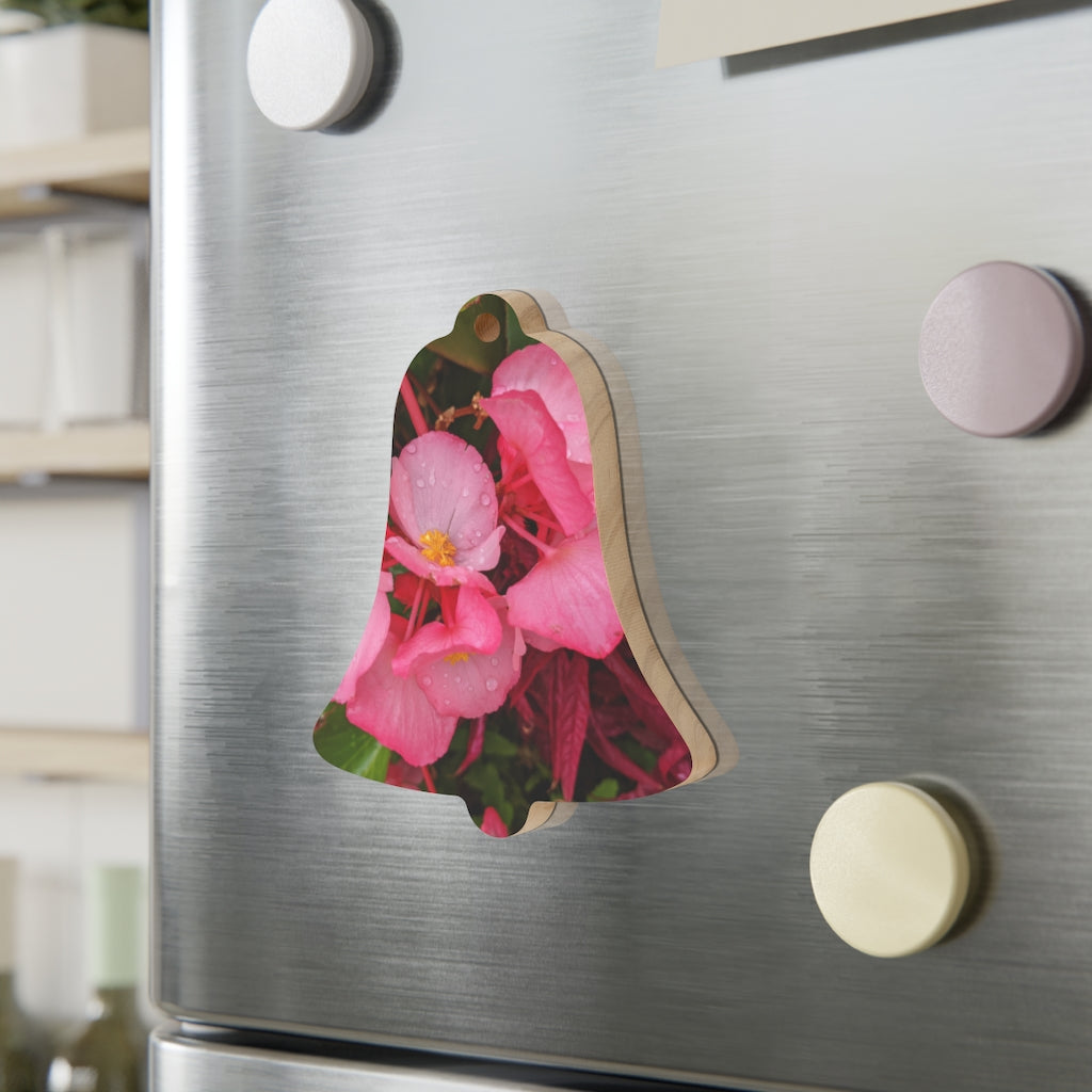 A set of Pink Flowers Wooden Christmas Ornaments in various whimsical shapes, featuring a rustic wood finish and red hanging ribbons.