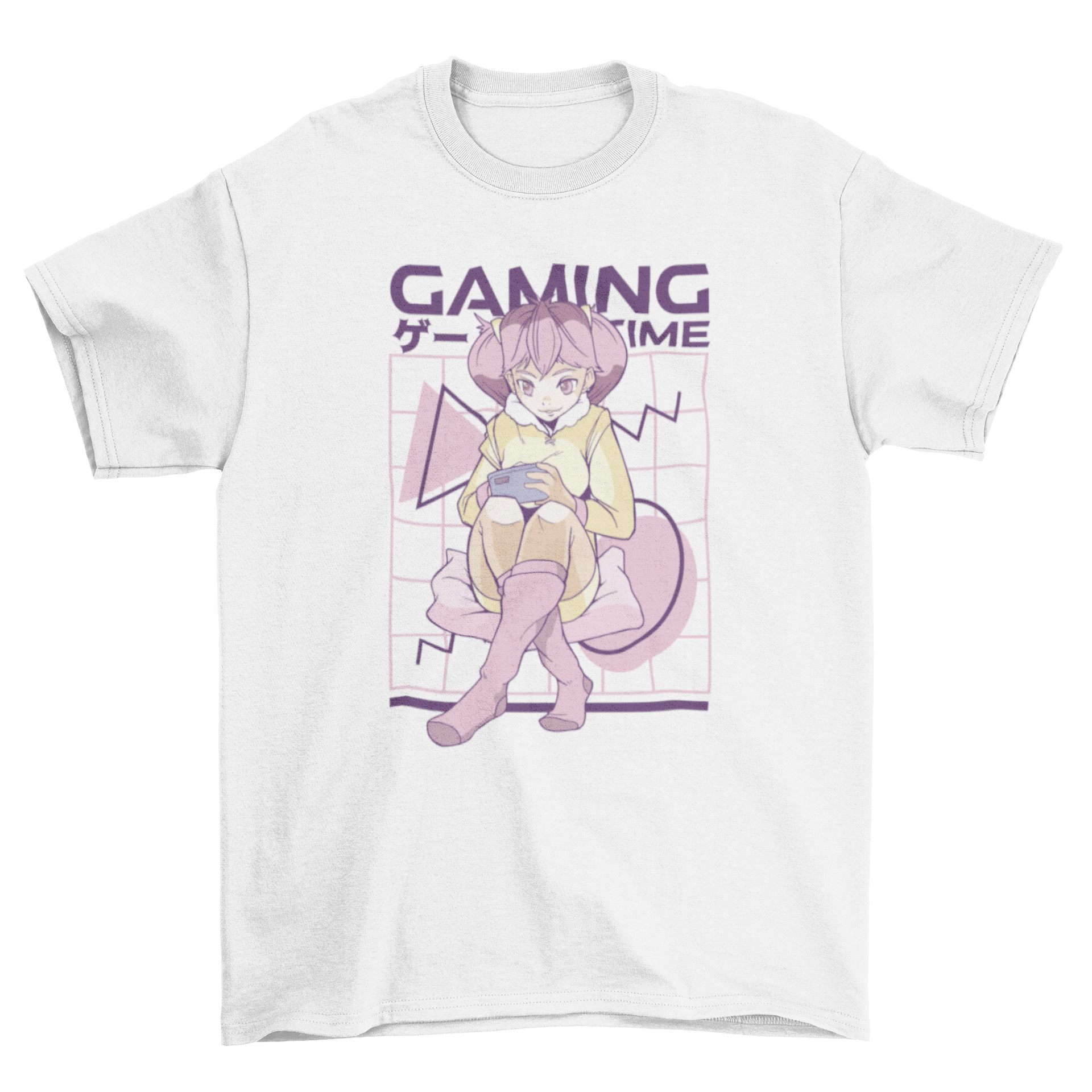 A stylish pink hair anime girl t-shirt featuring a gamer girl design and the quote 'Gaming time'.