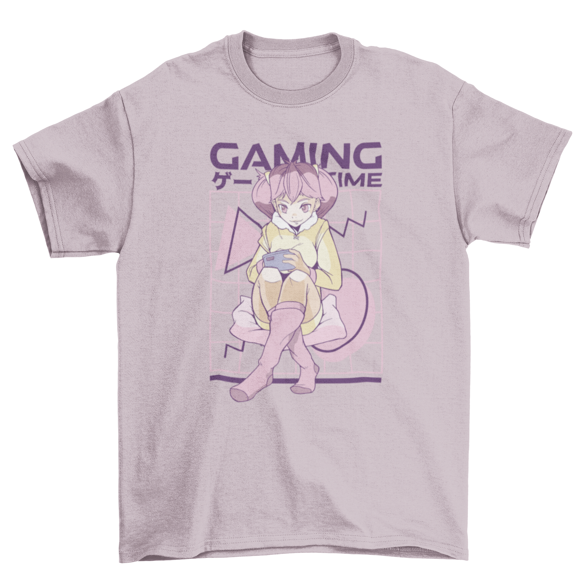 A stylish pink hair anime girl t-shirt featuring a gamer girl design and the quote 'Gaming time'.