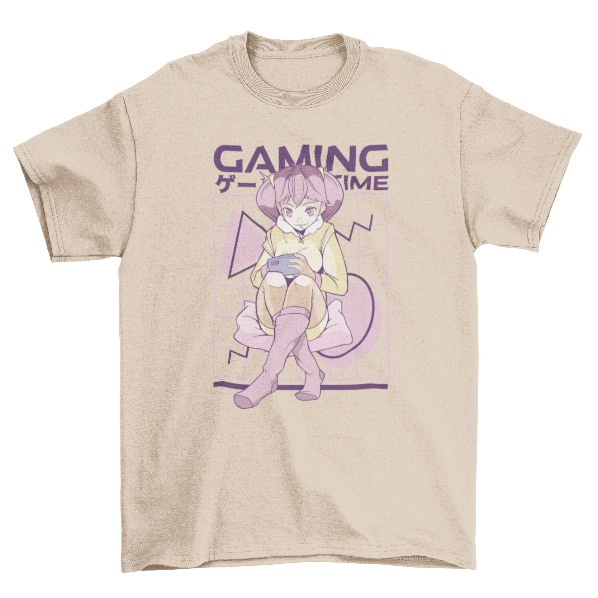 A stylish pink hair anime girl t-shirt featuring a gamer girl design and the quote 'Gaming time'.