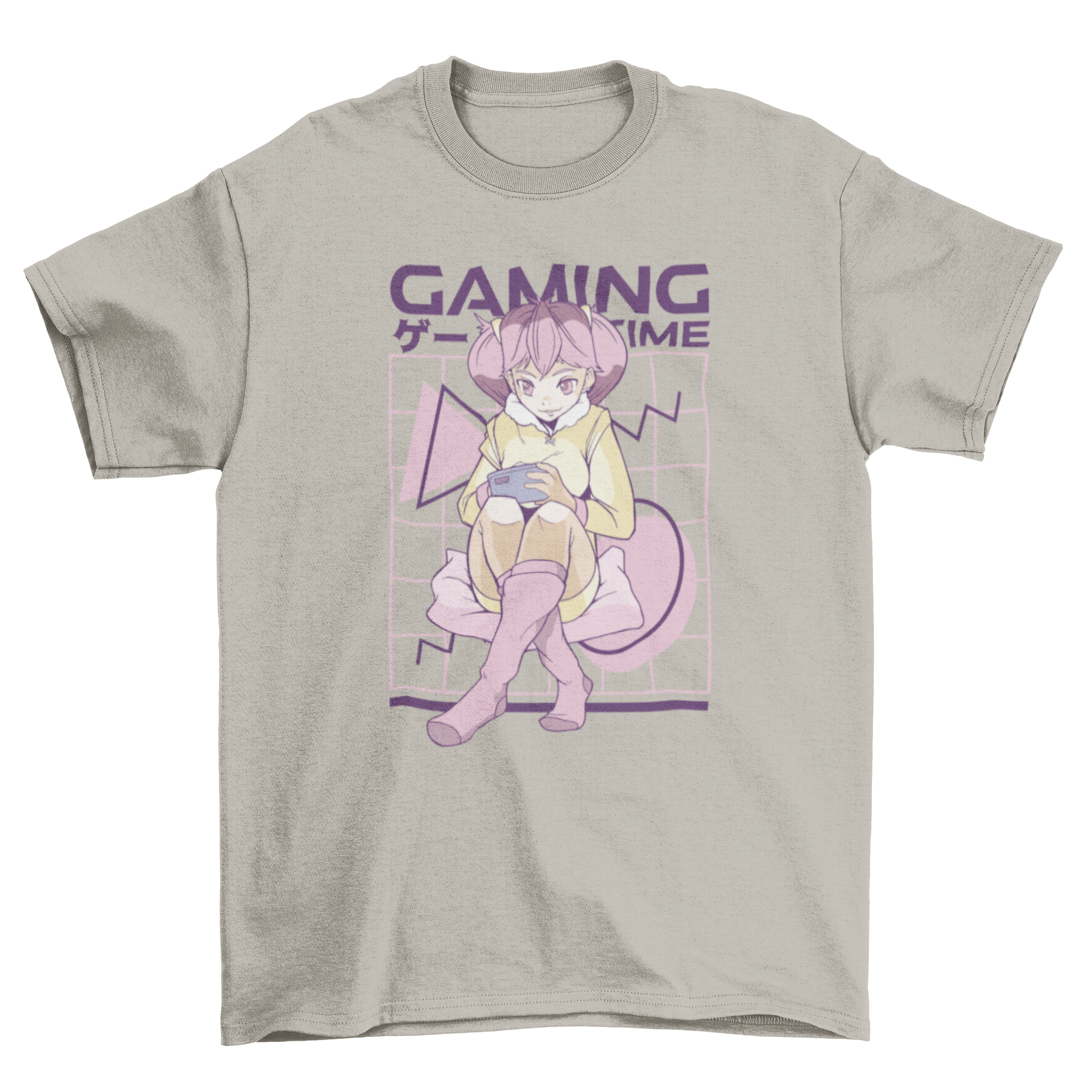 A stylish pink hair anime girl t-shirt featuring a gamer girl design and the quote 'Gaming time'.