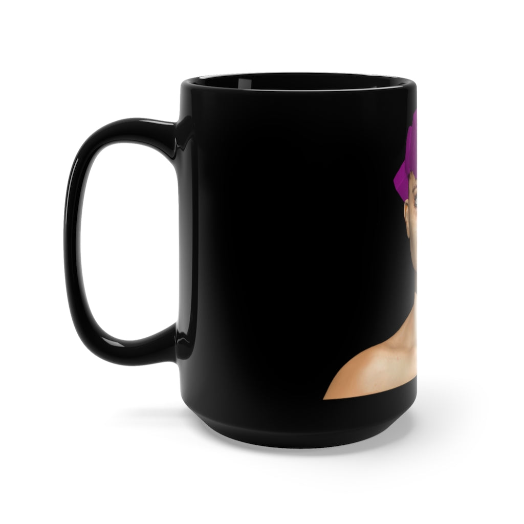 A stylish black ceramic mug featuring a pink hair girl design, perfect for coffee and tea lovers.