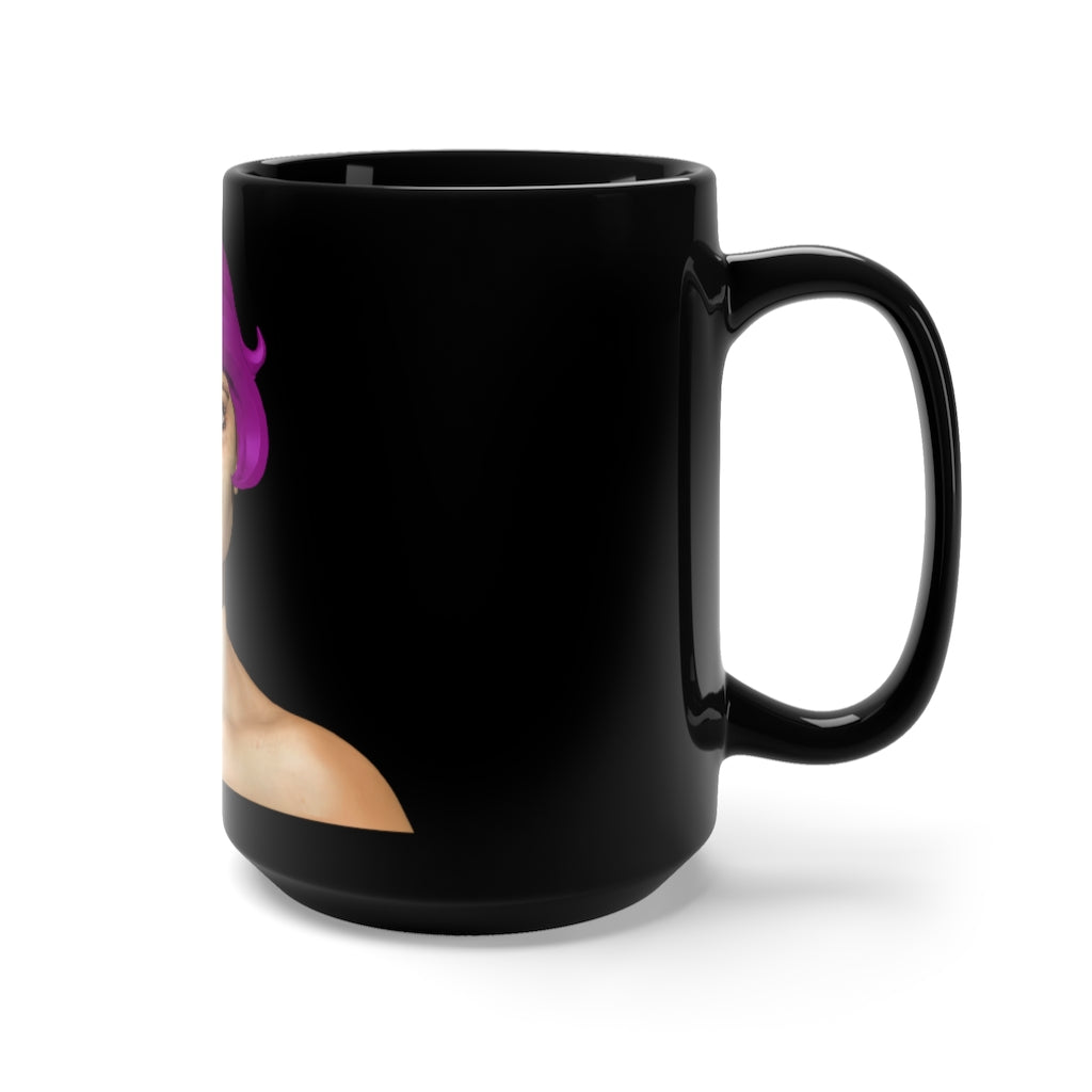 A stylish black ceramic mug featuring a pink hair girl design, perfect for coffee and tea lovers.