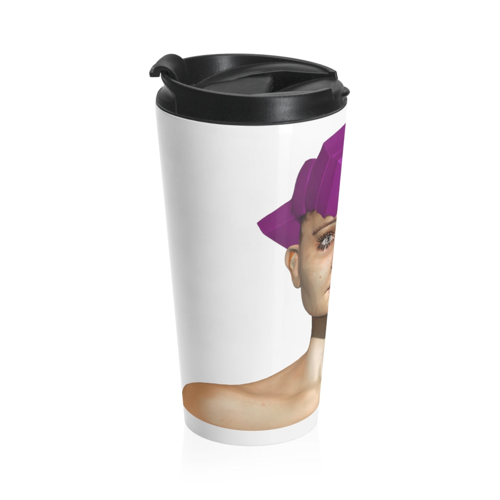 Pink Hair Human Stainless Steel Travel Mug with black plastic lid, showcasing a stylish design for coffee and tea lovers.