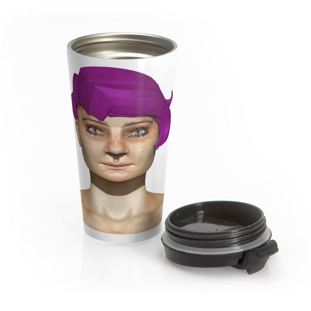 Pink Hair Human Stainless Steel Travel Mug with black plastic lid, showcasing a stylish design for coffee and tea lovers.