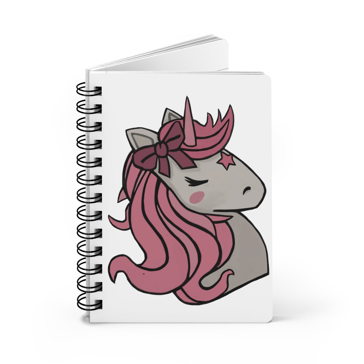 A vibrant pink hair unicorn head spiral bound journal with a glossy cover, featuring a whimsical design and lined pages inside.