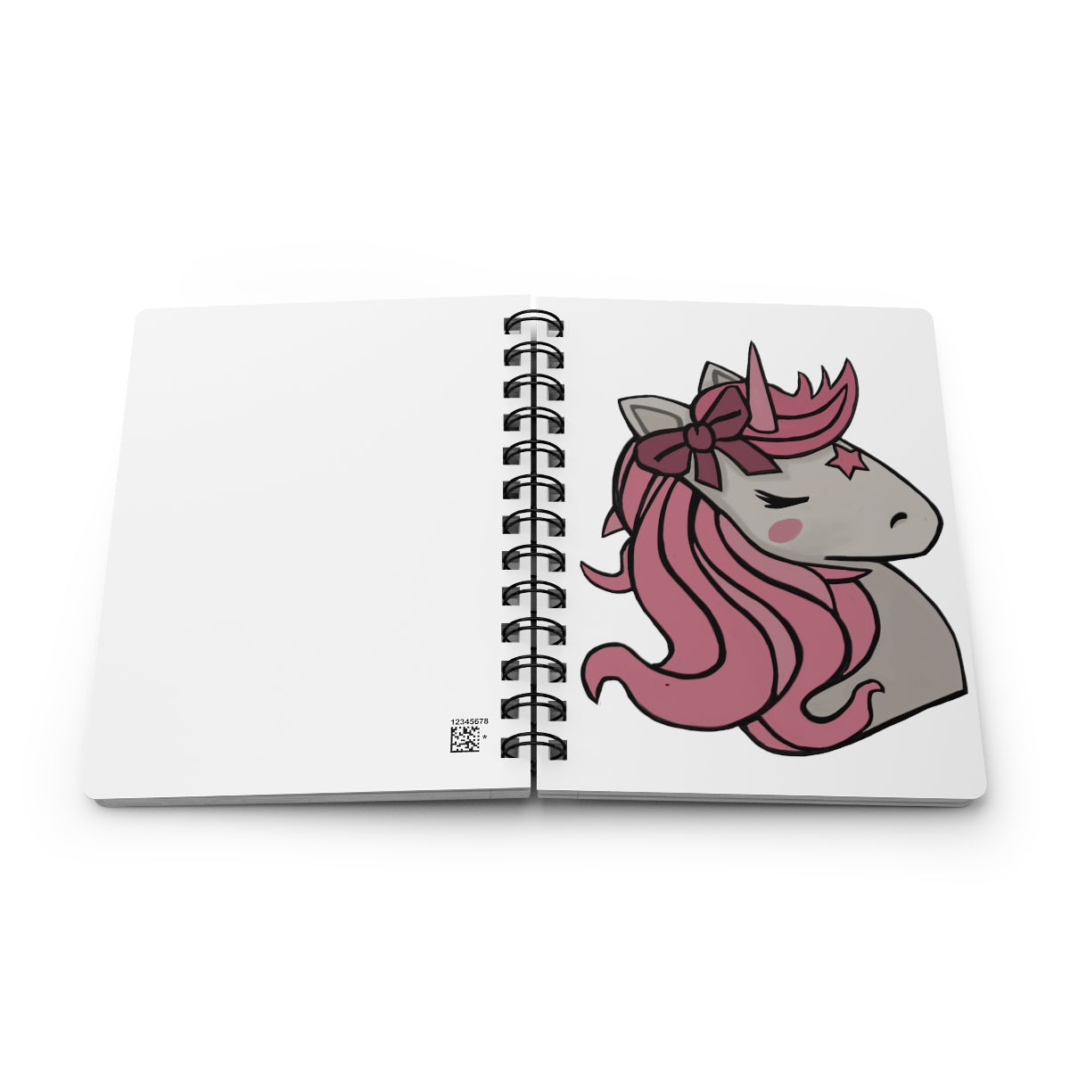 A vibrant pink hair unicorn head spiral bound journal with a glossy cover, featuring a whimsical design and lined pages inside.