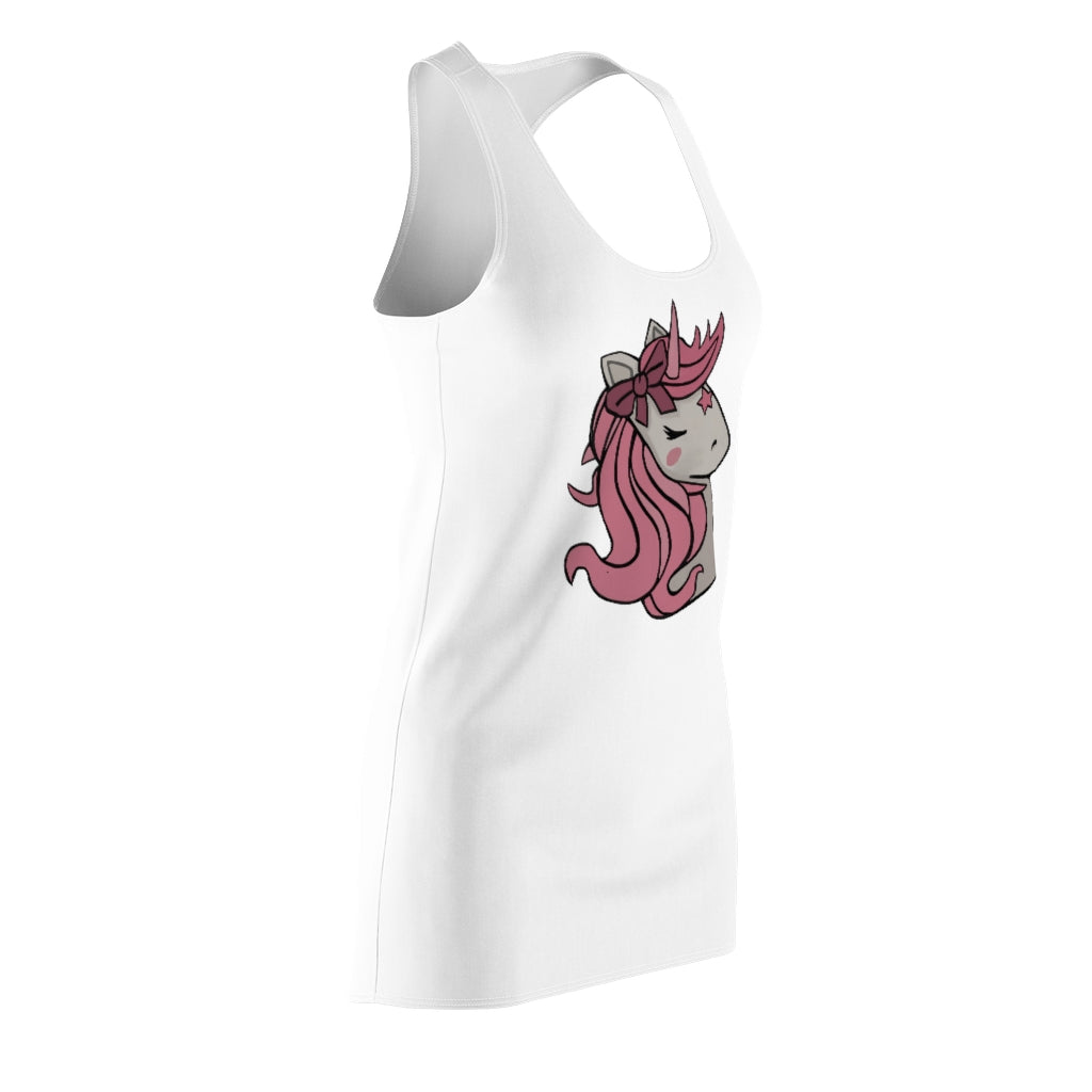 A stylish women's racerback dress featuring a vibrant pink hair unicorn head design, perfect for casual and active wear.