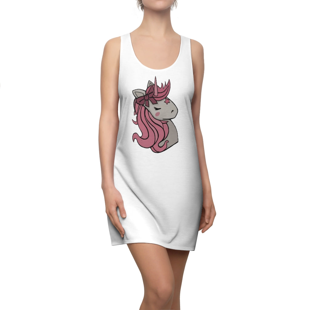 A stylish women's racerback dress featuring a vibrant pink hair unicorn head design, perfect for casual and active wear.