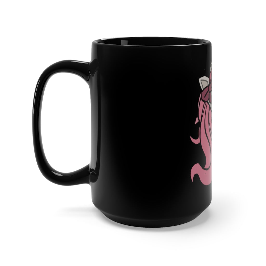 A stylish black ceramic mug featuring a pink haired unicorn design, perfect for coffee and tea lovers.