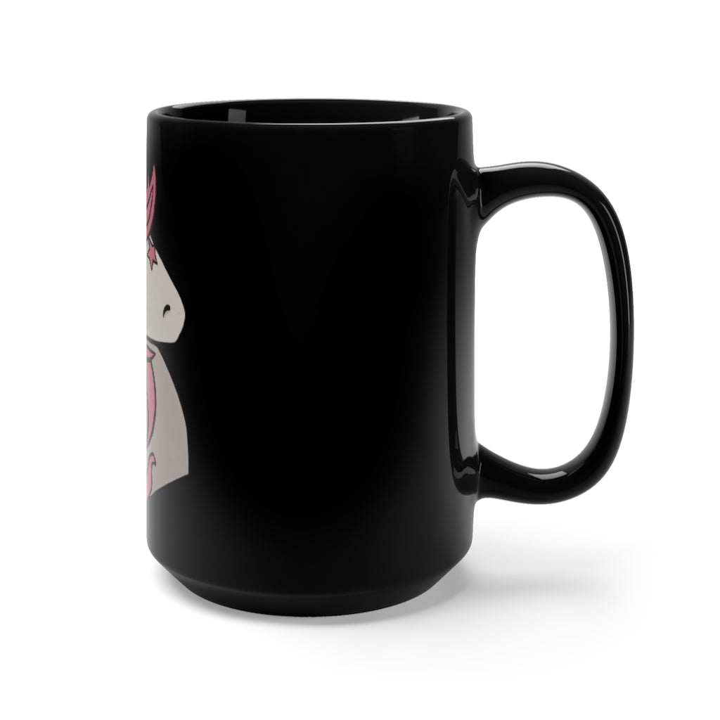 A stylish black ceramic mug featuring a pink haired unicorn design, perfect for coffee and tea lovers.