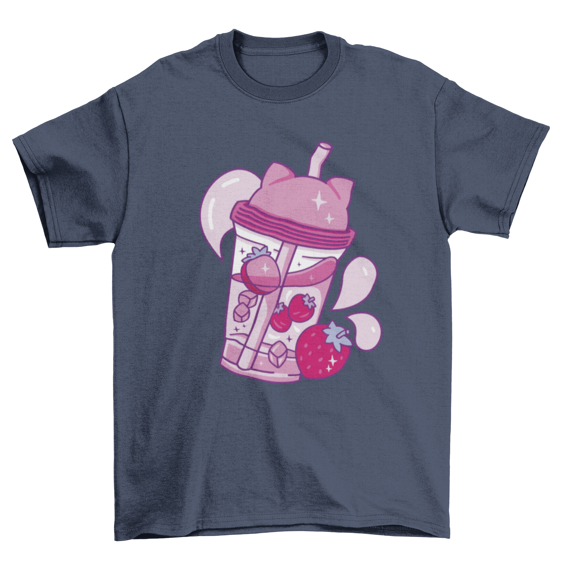 A stylish t-shirt featuring a pink plastic cup filled with juice, strawberries, and ice, perfect for summer wear.