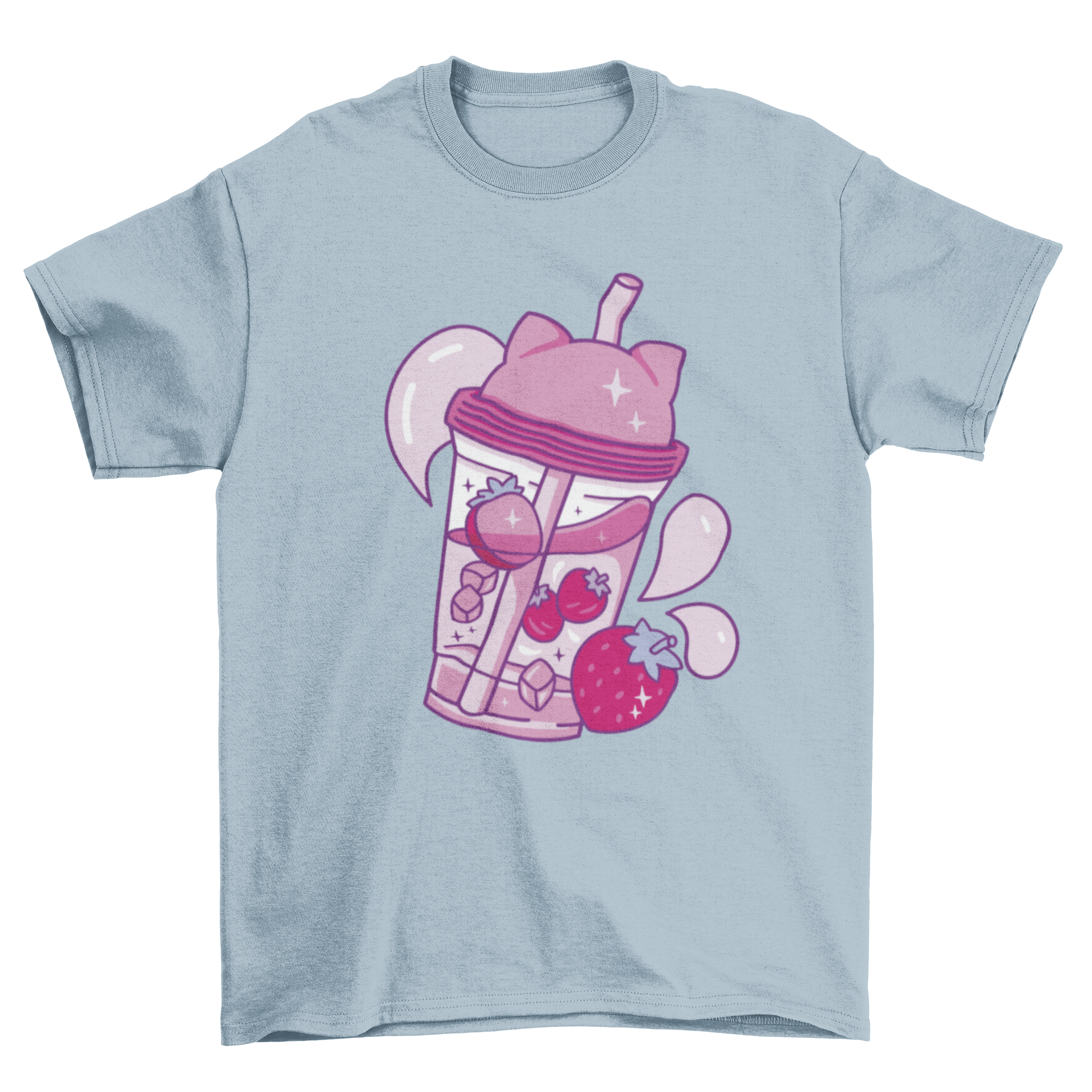 A stylish t-shirt featuring a pink plastic cup filled with juice, strawberries, and ice, perfect for summer wear.