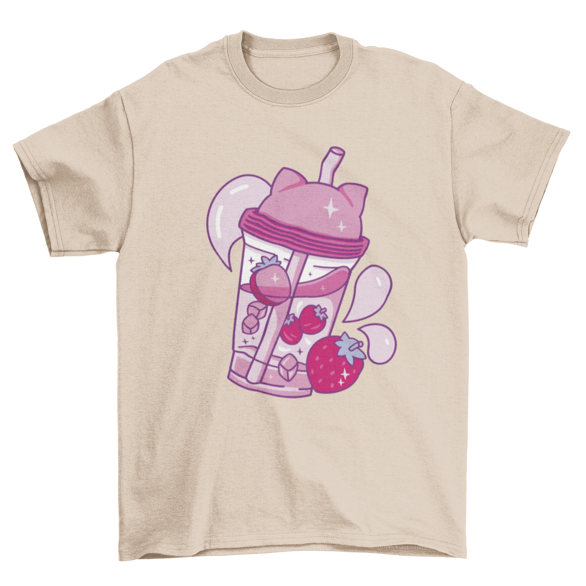 A stylish t-shirt featuring a pink plastic cup filled with juice, strawberries, and ice, perfect for summer wear.