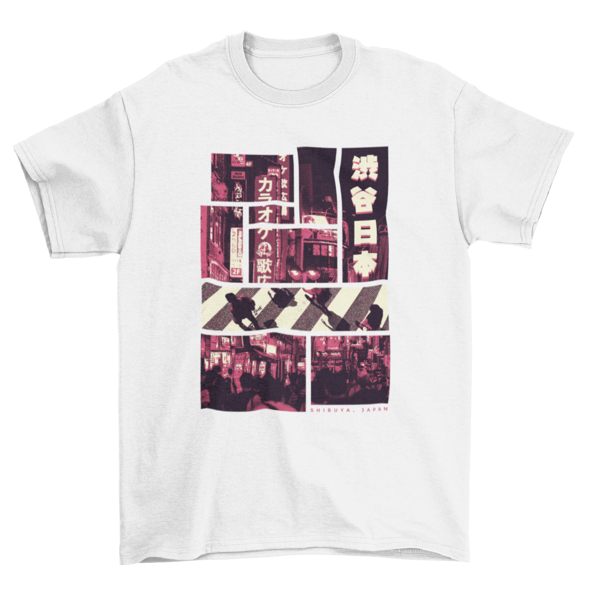 A vibrant pink t-shirt featuring a photographic design of Tokyo streets, showcasing urban culture and style.