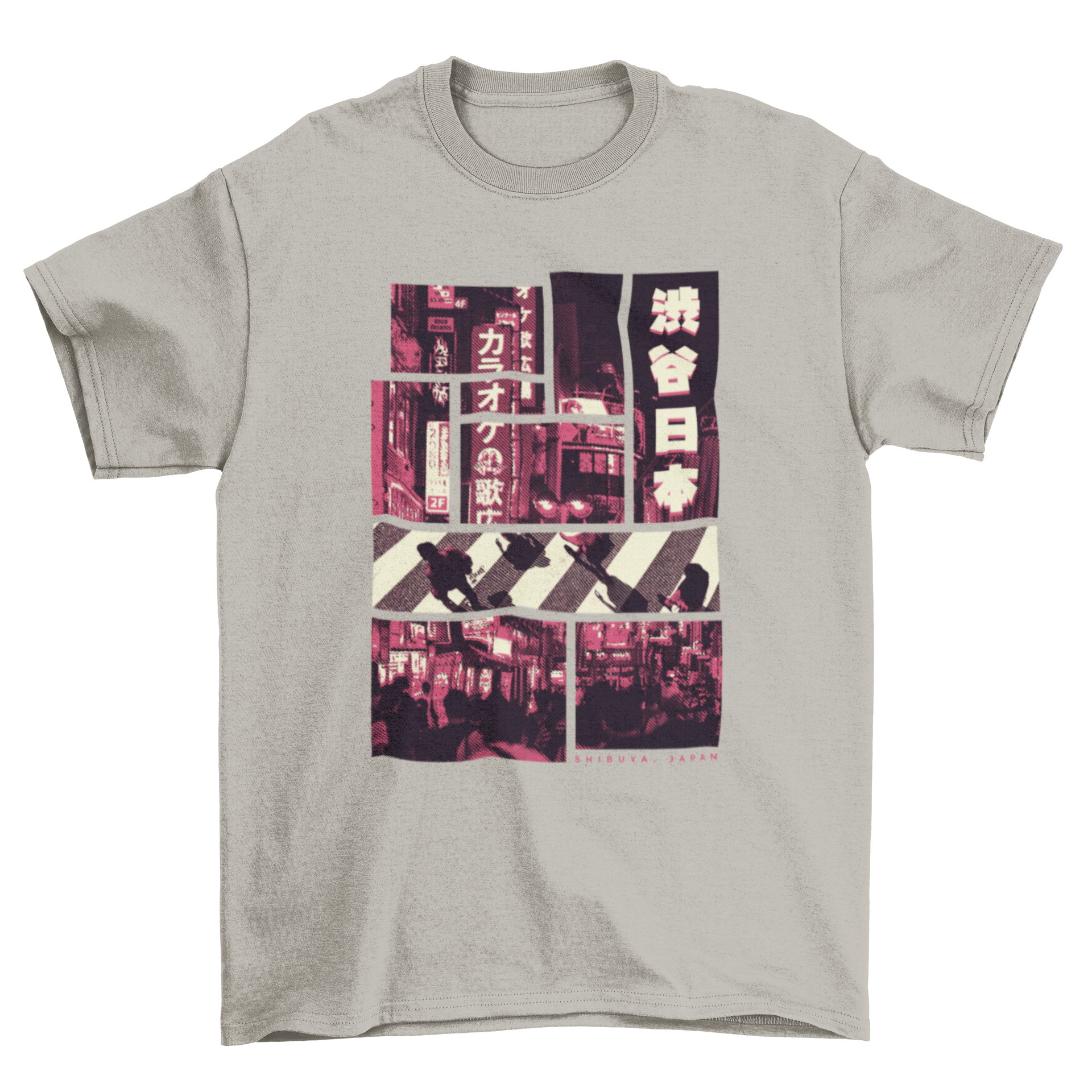 A vibrant pink t-shirt featuring a photographic design of Tokyo streets, showcasing urban culture and style.