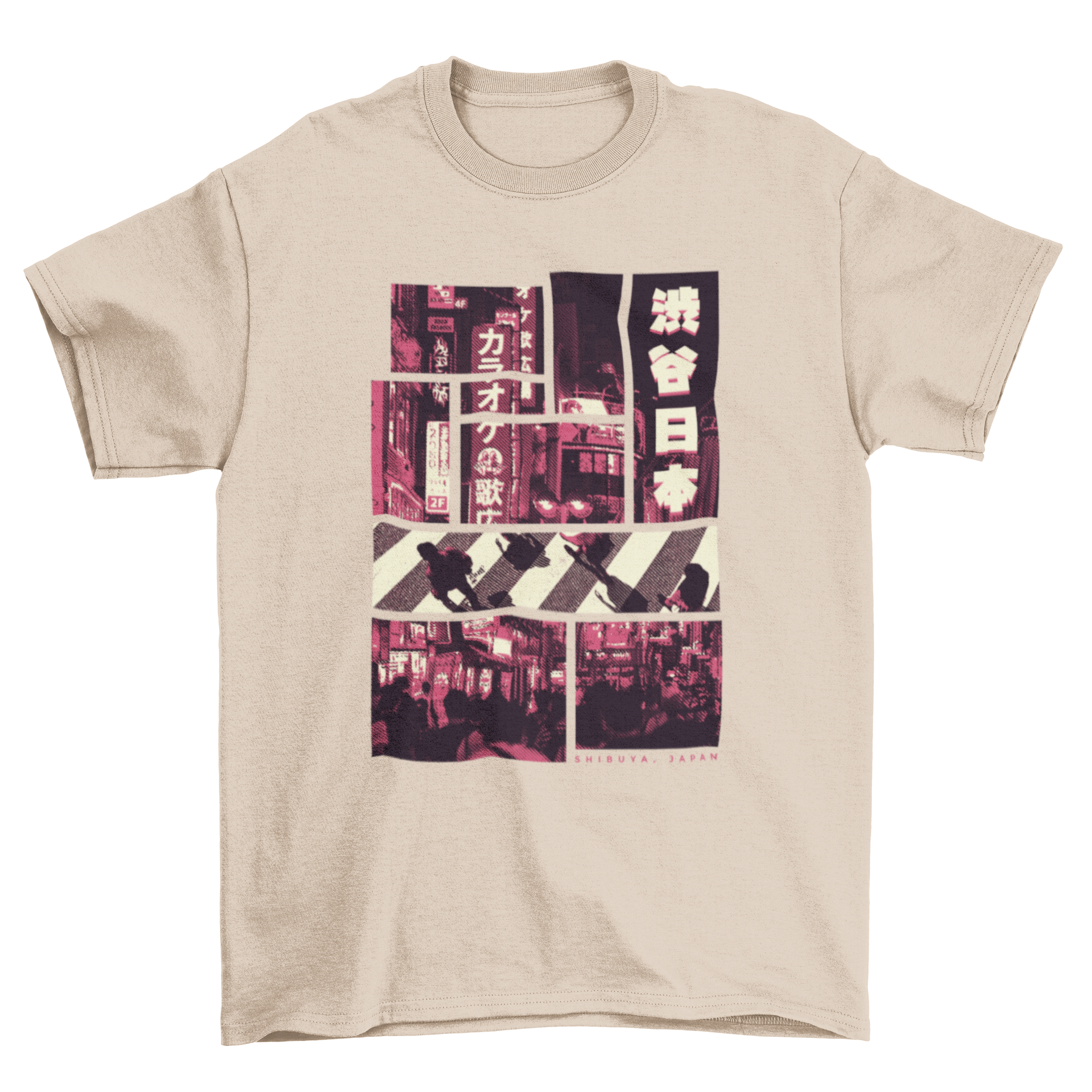 A vibrant pink t-shirt featuring a photographic design of Tokyo streets, showcasing urban culture and style.