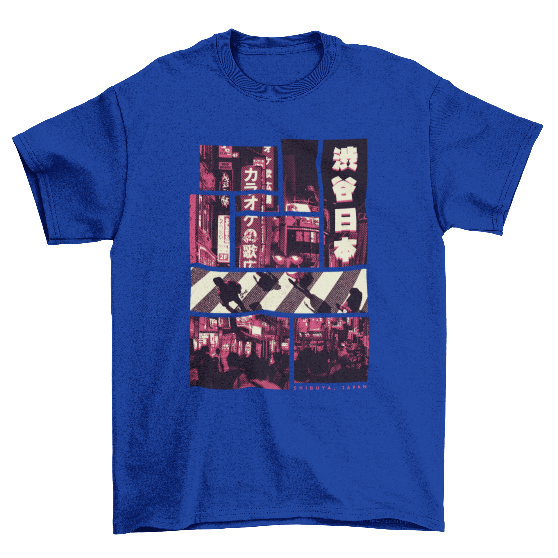 A vibrant pink t-shirt featuring a photographic design of Tokyo streets, showcasing urban culture and style.