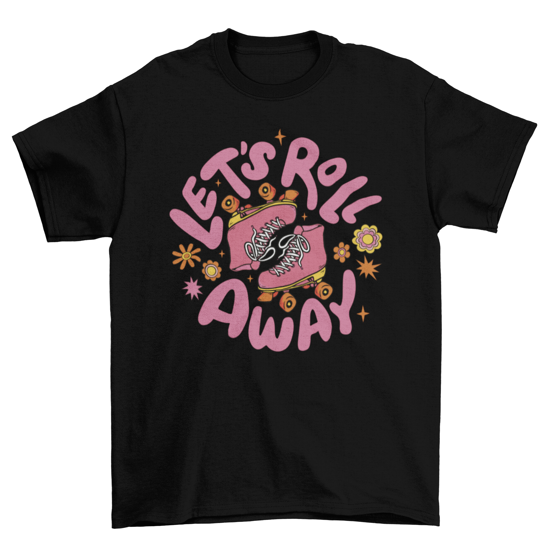 A vibrant pink t-shirt featuring a retro rollerskates design and the quote 'Let's roll away'.