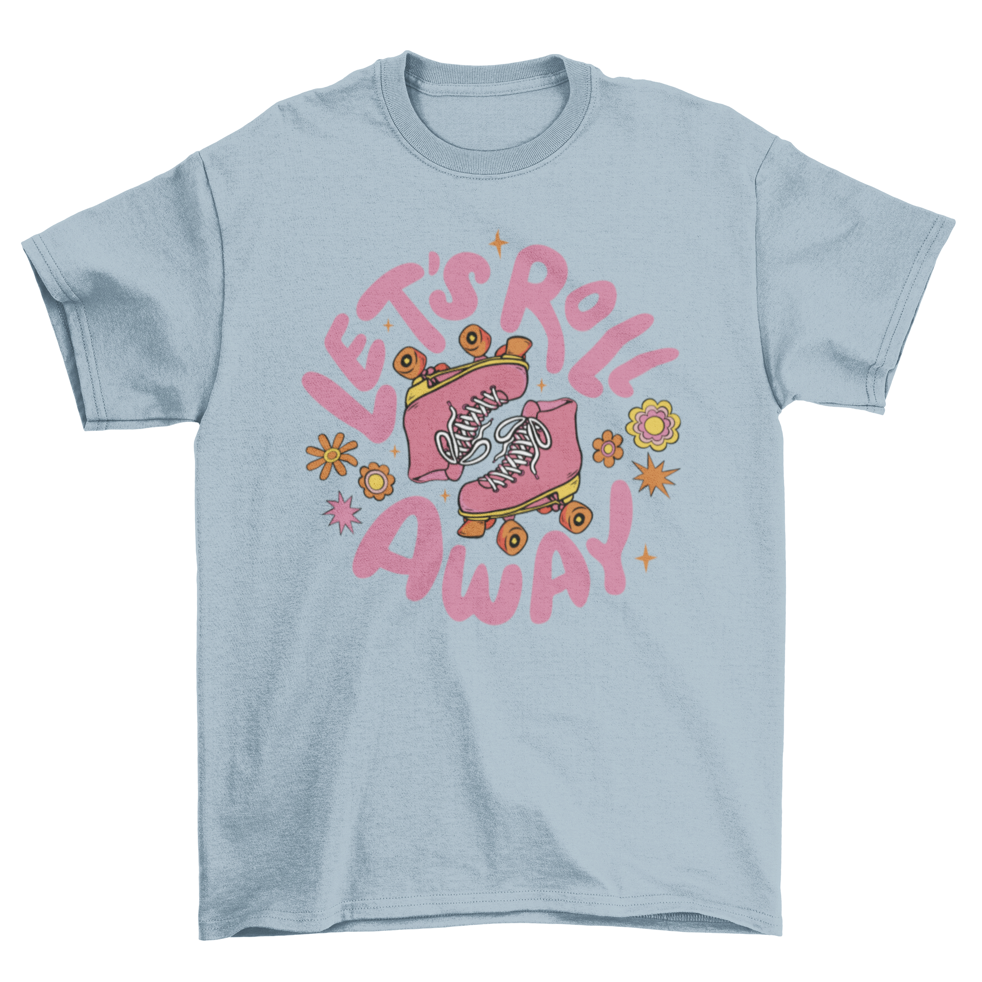 A vibrant pink t-shirt featuring a retro rollerskates design and the quote 'Let's roll away'.