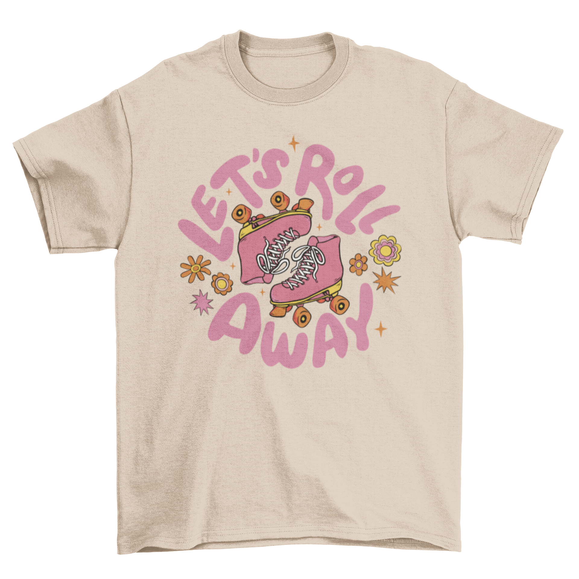 A vibrant pink t-shirt featuring a retro rollerskates design and the quote 'Let's roll away'.