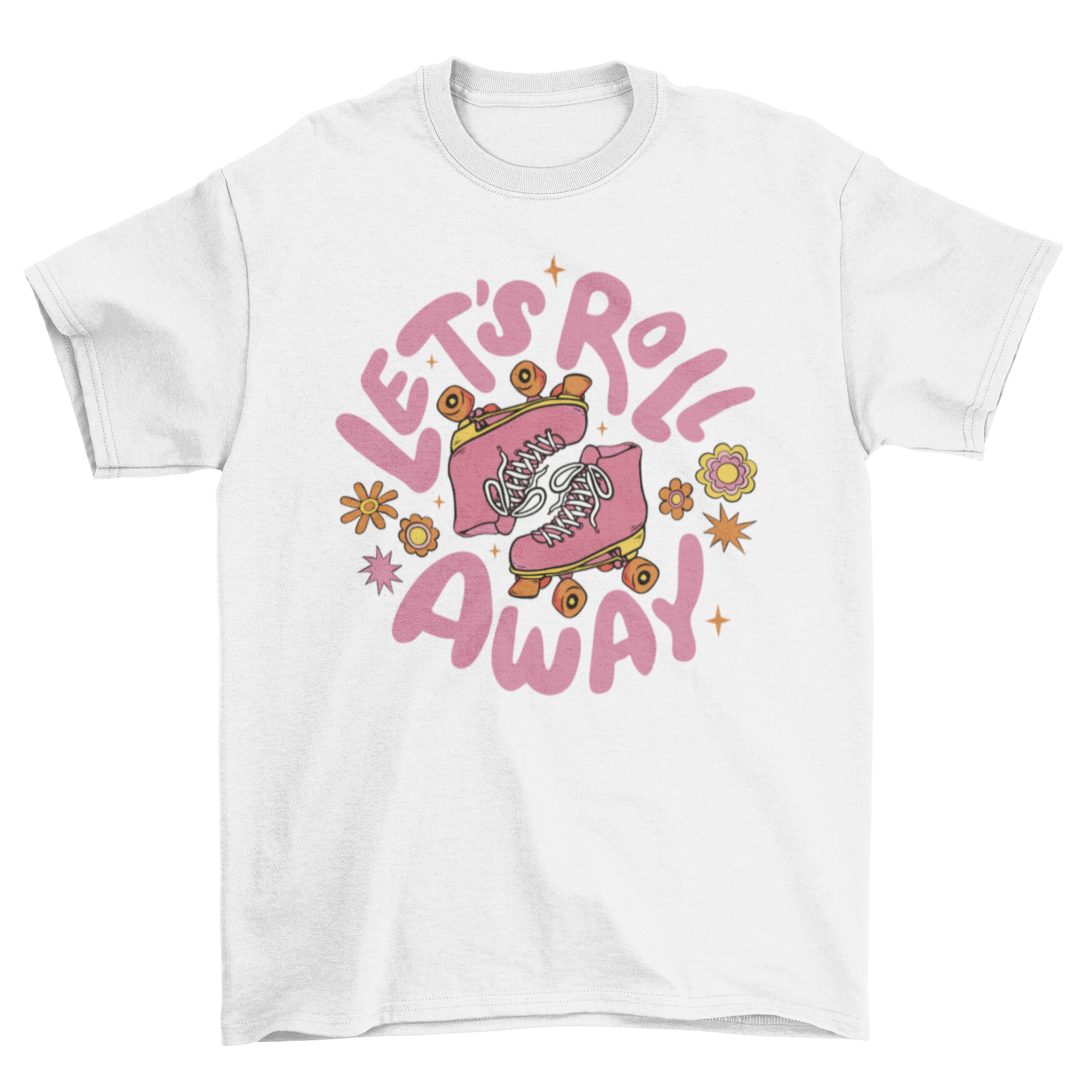 A vibrant pink t-shirt featuring a retro rollerskates design and the quote 'Let's roll away'.