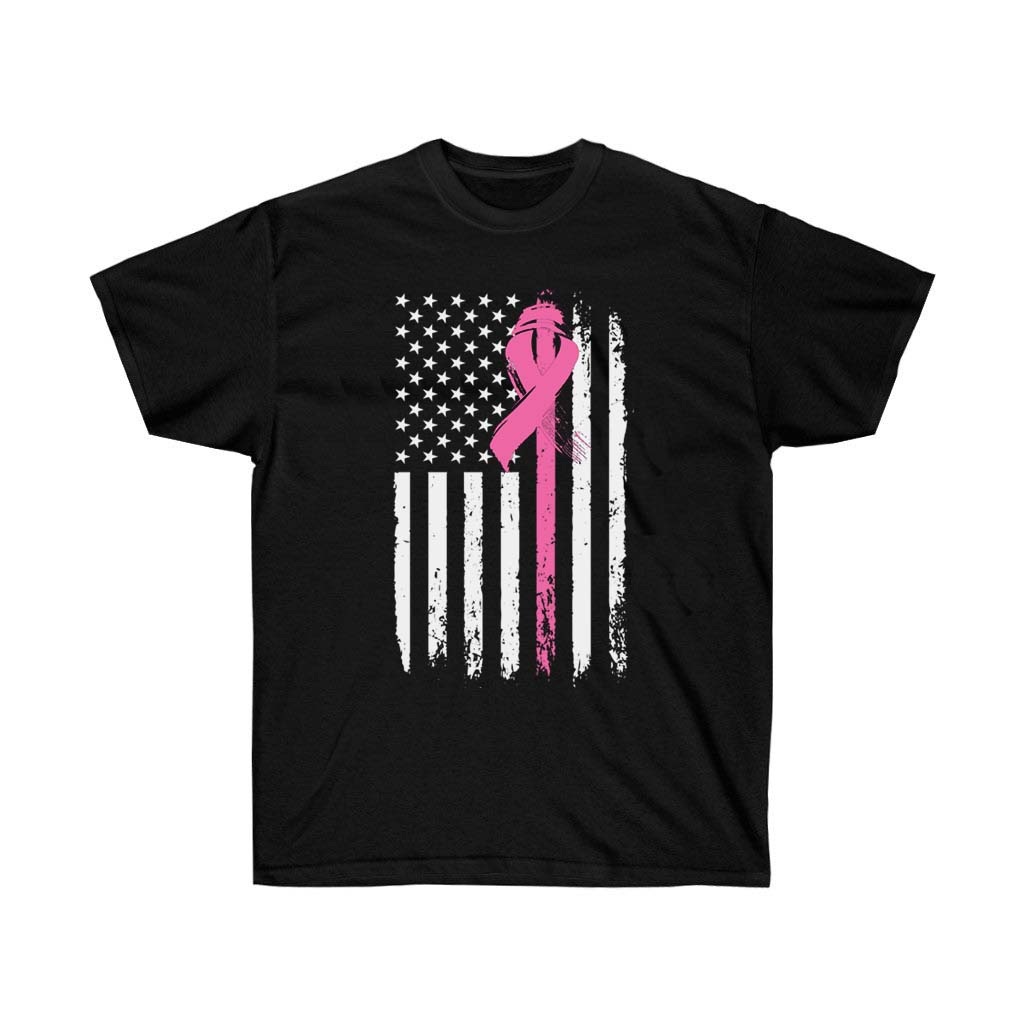 Pink Ribbon America Flag T-Shirt featuring a vibrant design, made from 100% soft cotton, suitable for unisex wear.