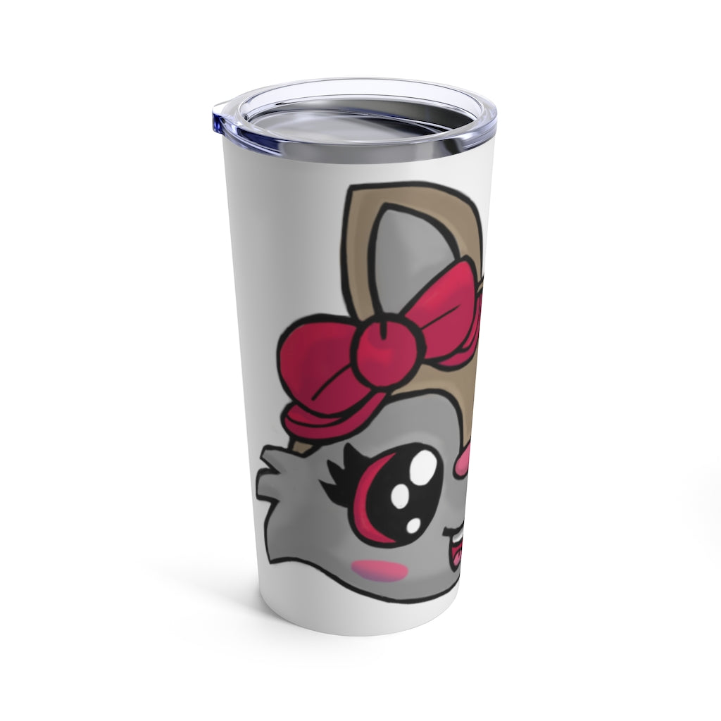 A stylish 20oz stainless steel tumbler featuring a pink ribbon and a cute brown kitty head design, perfect for travel and everyday use.