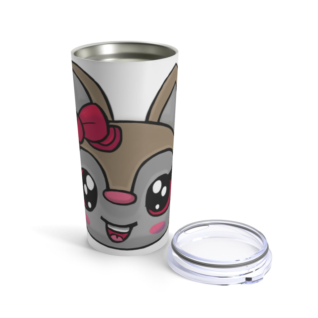 A stylish 20oz stainless steel tumbler featuring a pink ribbon and a cute brown kitty head design, perfect for travel and everyday use.