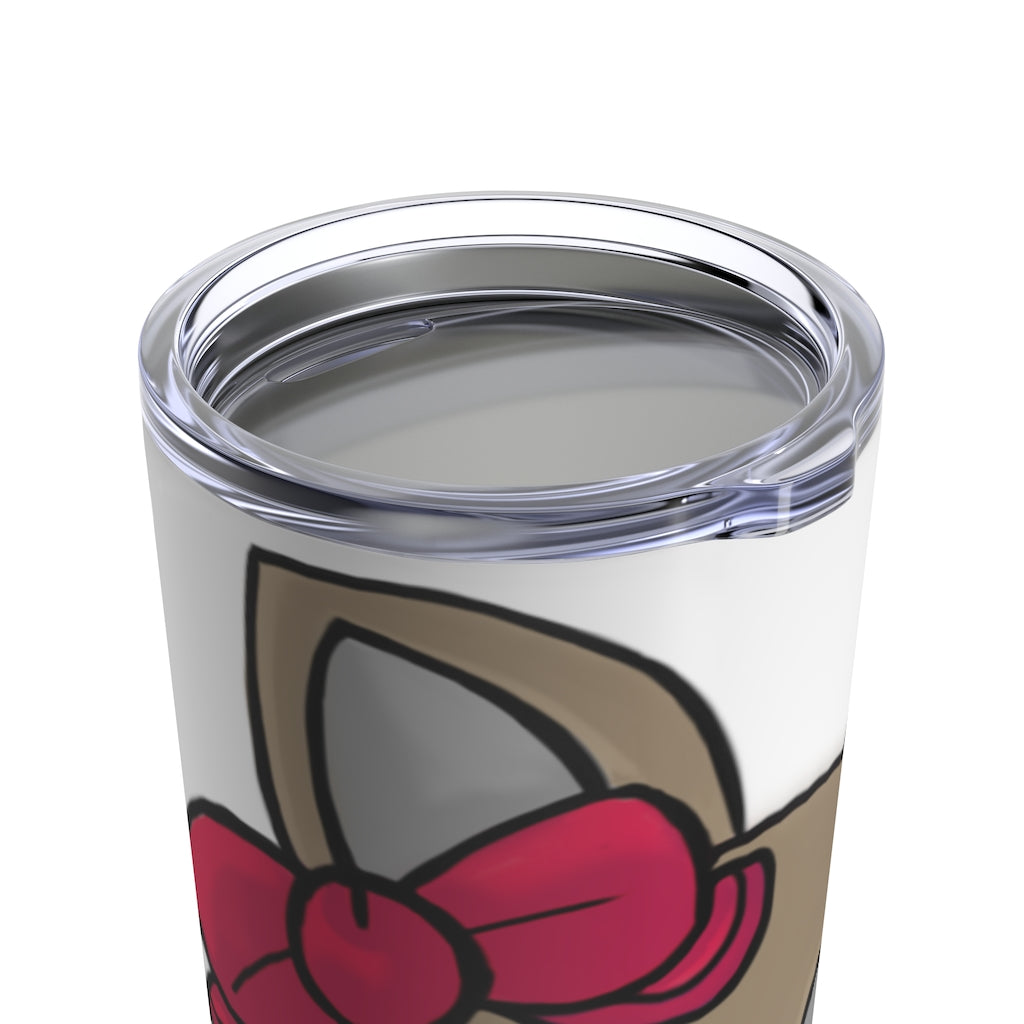 A stylish 20oz stainless steel tumbler featuring a pink ribbon and a cute brown kitty head design, perfect for travel and everyday use.