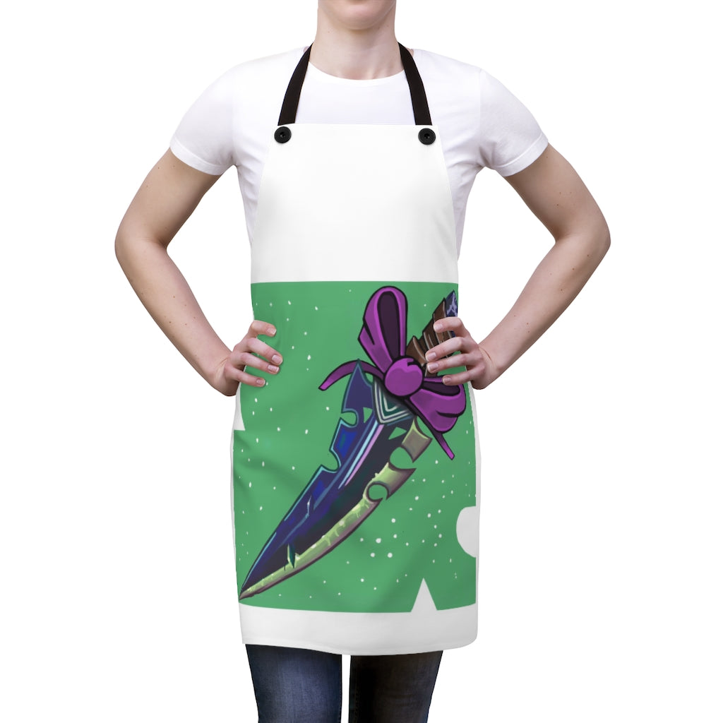 A stylish pink apron featuring a ribbon and sword design, perfect for cooking and grilling.