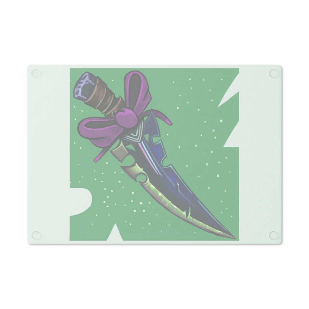 A stylish pink ribbon and sword cutting board made of tempered glass, featuring rubber dots for stability.