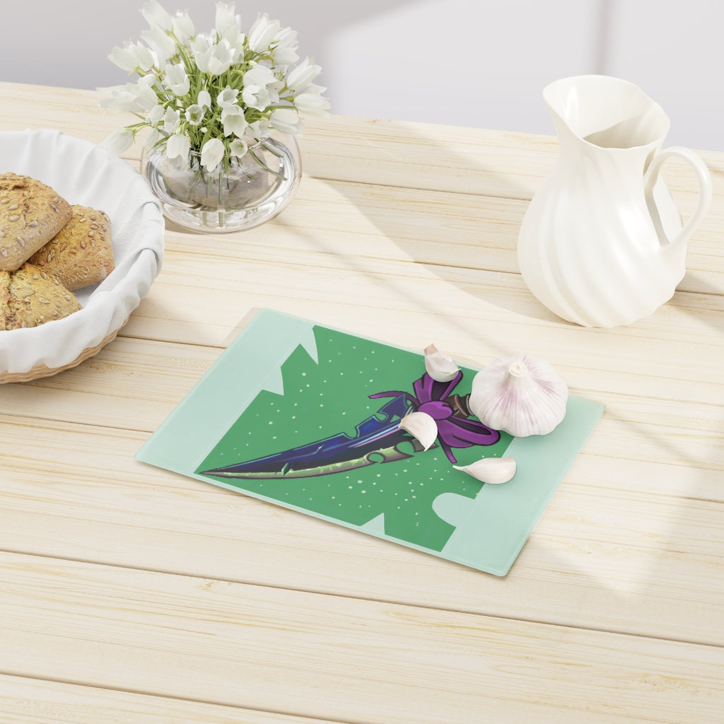 A stylish pink ribbon and sword cutting board made of tempered glass, featuring rubber dots for stability.