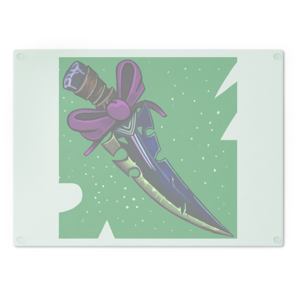 A stylish pink ribbon and sword cutting board made of tempered glass, featuring rubber dots for stability.