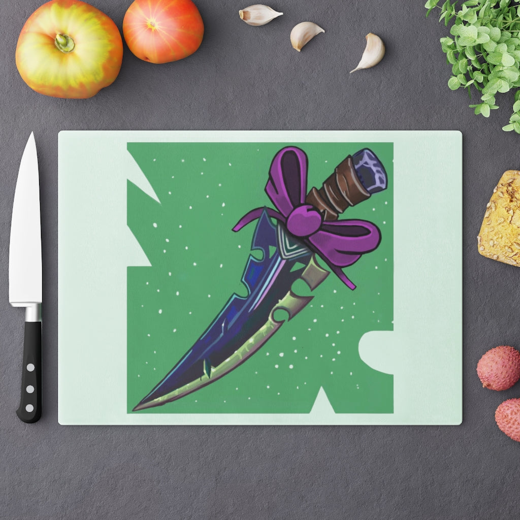 A stylish pink ribbon and sword cutting board made of tempered glass, featuring rubber dots for stability.