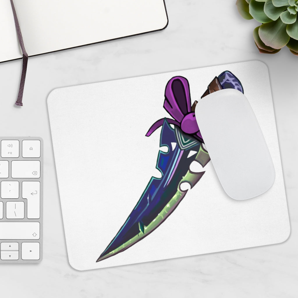 A stylish pink ribbon and sword mouse pad featuring a vibrant design, perfect for enhancing any desk decor.