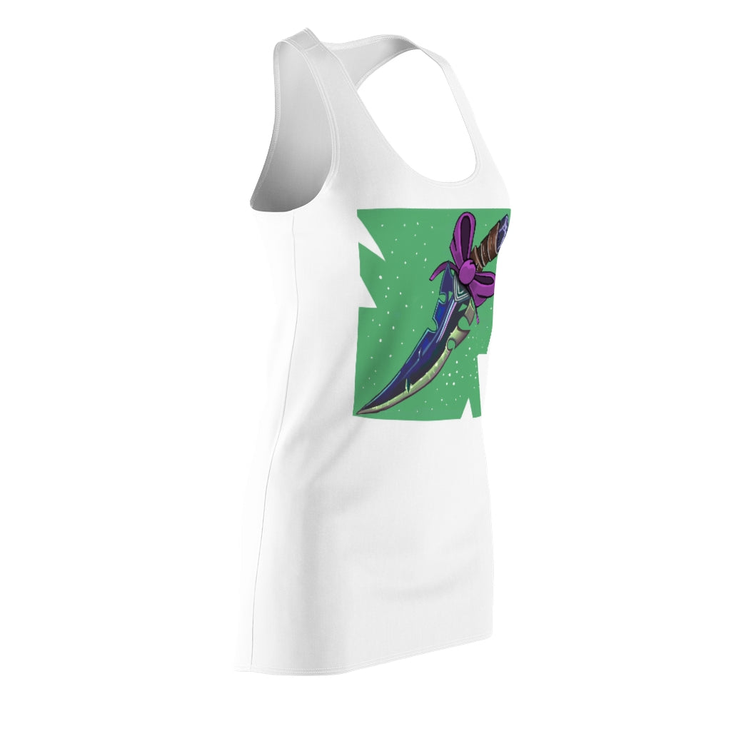 A stylish women's racerback dress featuring a pink ribbon and sword design, made from lightweight polyester fabric.