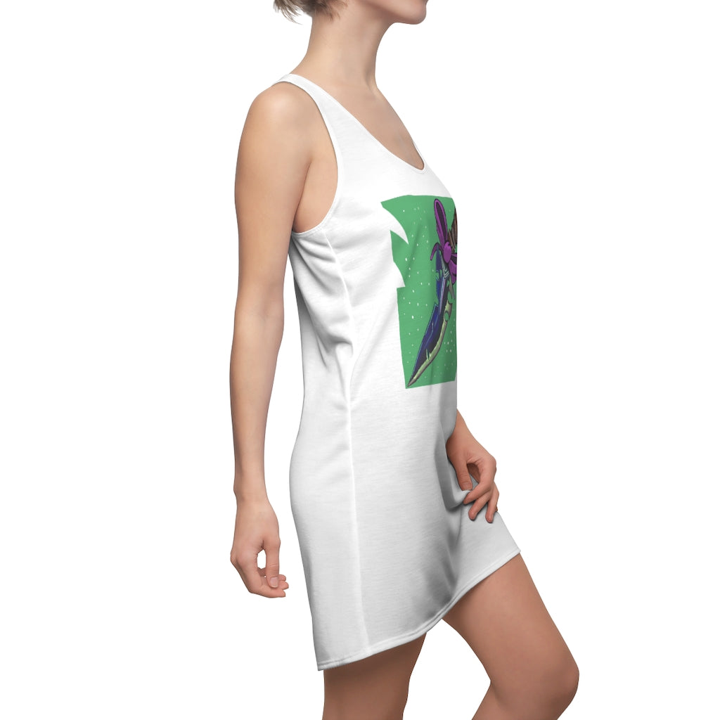 A stylish women's racerback dress featuring a pink ribbon and sword design, made from lightweight polyester fabric.