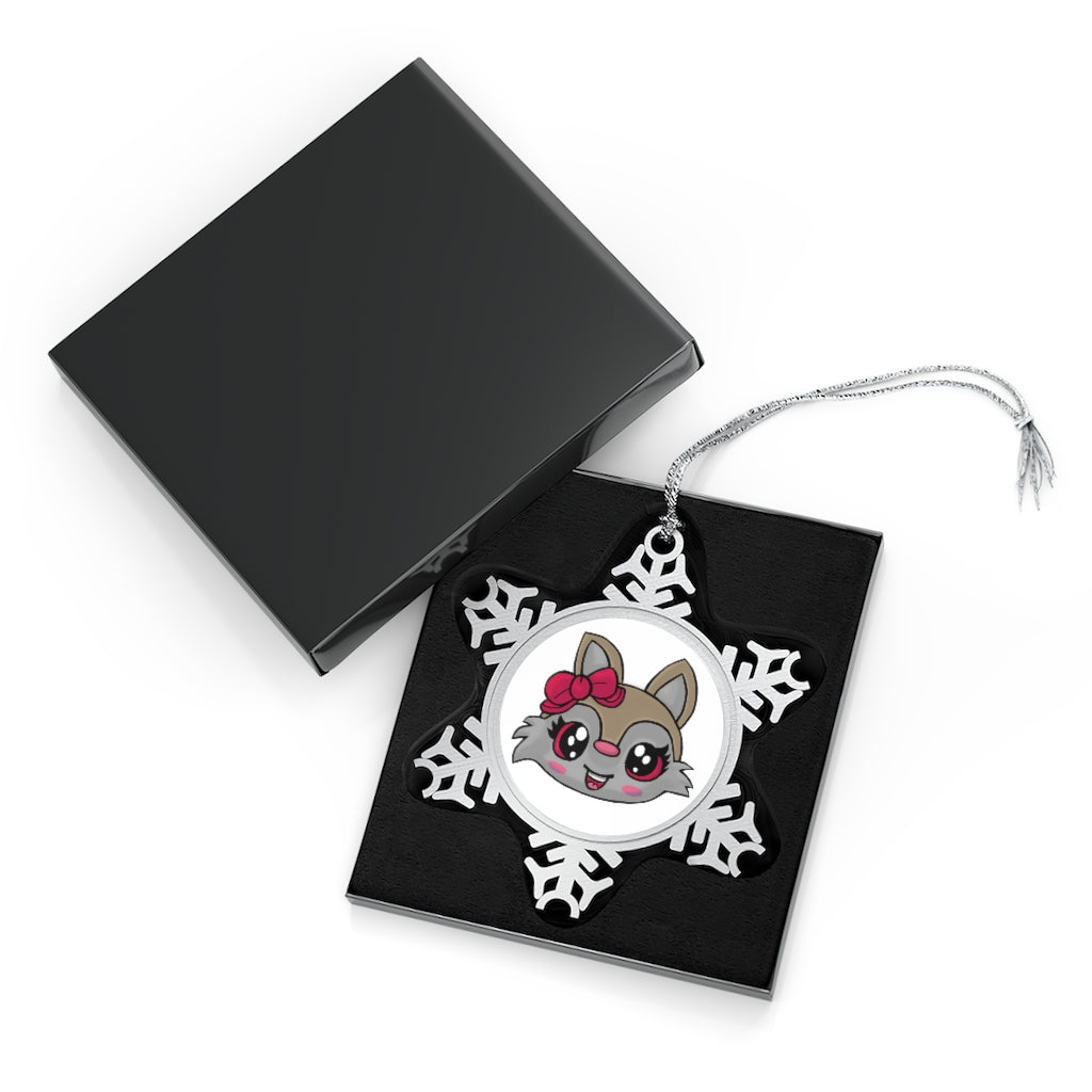 Pink Ribbon Brown Kitty Pewter Snowflake Ornament with intricate snowflake design and silver-toned hanging string.