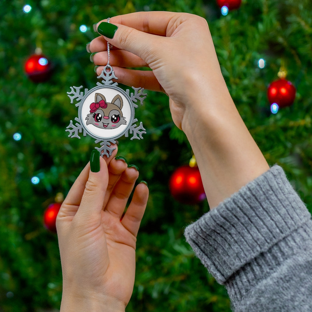 Pink Ribbon Brown Kitty Pewter Snowflake Ornament with intricate snowflake design and silver-toned hanging string.