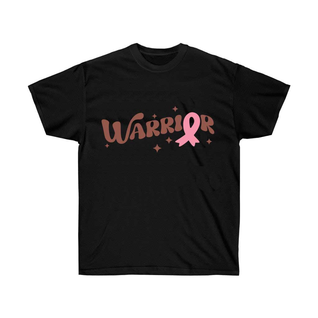 Pink Ribbon Warrior Retro Lettering T-Shirt in vibrant pink, showcasing bold lettering for breast cancer awareness.