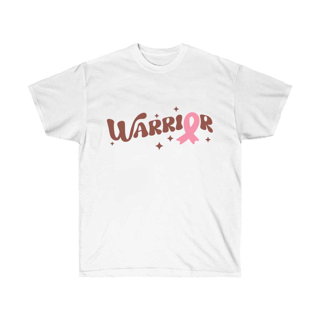 Pink Ribbon Warrior Retro Lettering T-Shirt in vibrant pink, showcasing bold lettering for breast cancer awareness.