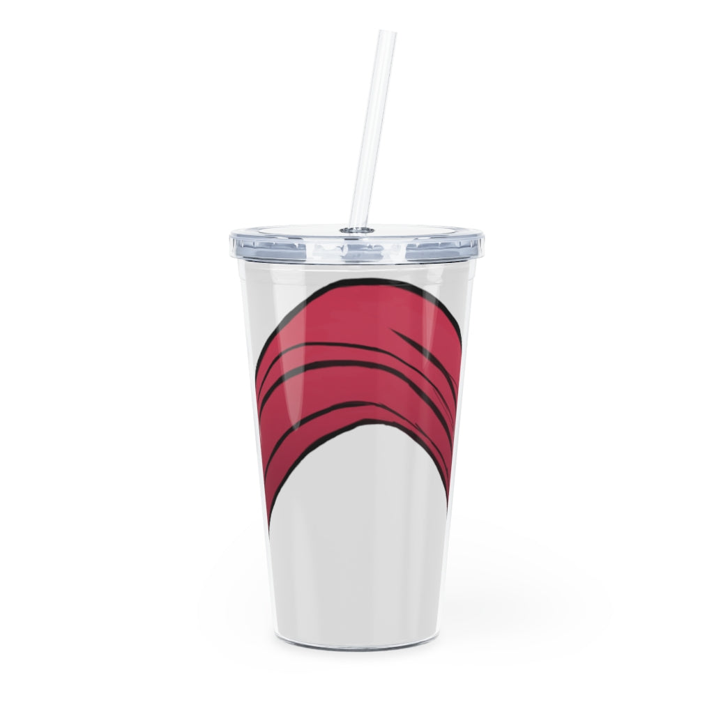 A vibrant pink plastic tumbler with a straw and lid, showcasing its stylish design and 20oz capacity, perfect for drinks at any event.