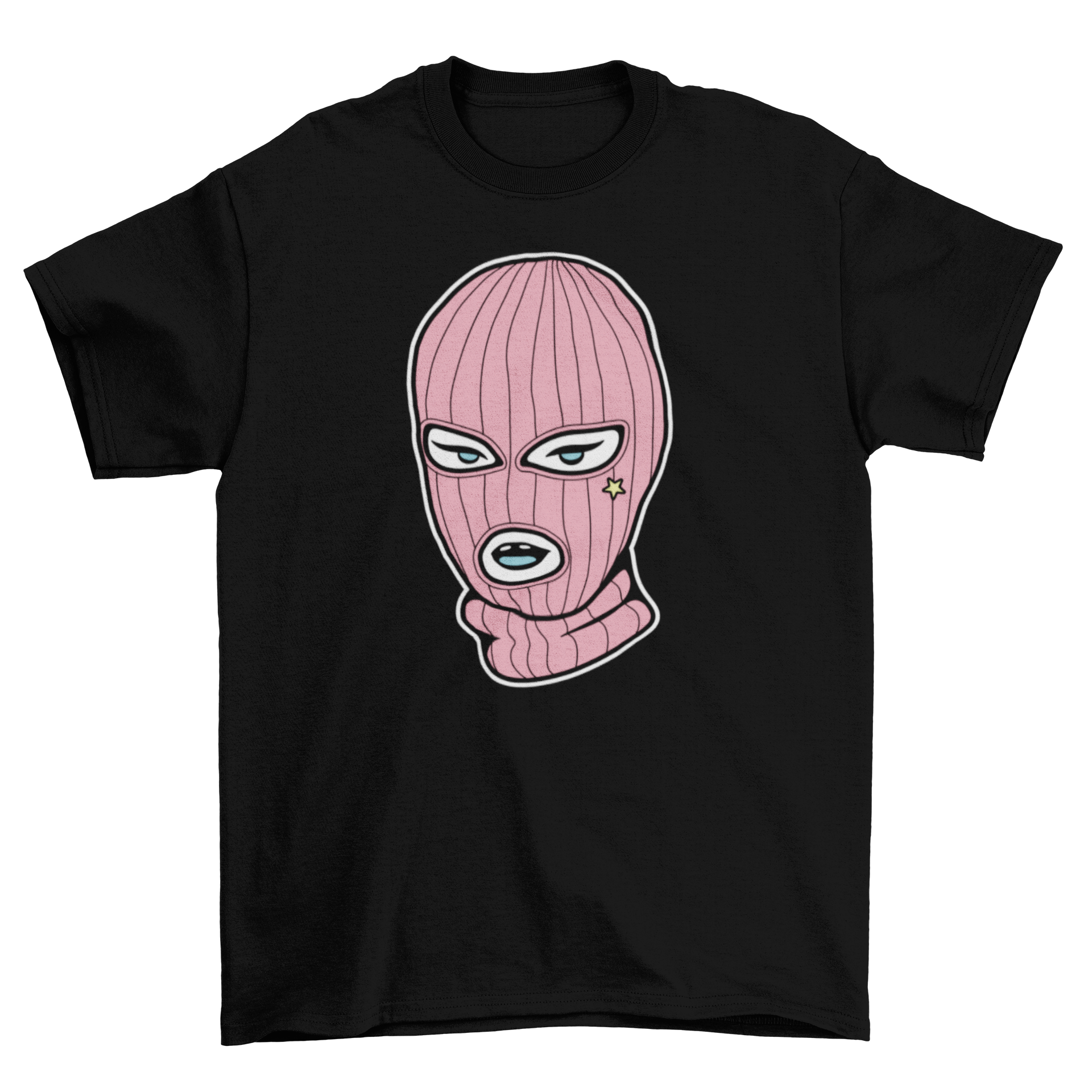 A stylish Pink Ski Mask T-shirt featuring a woman wearing a pink ski mask, showcasing a trendy and unique design.