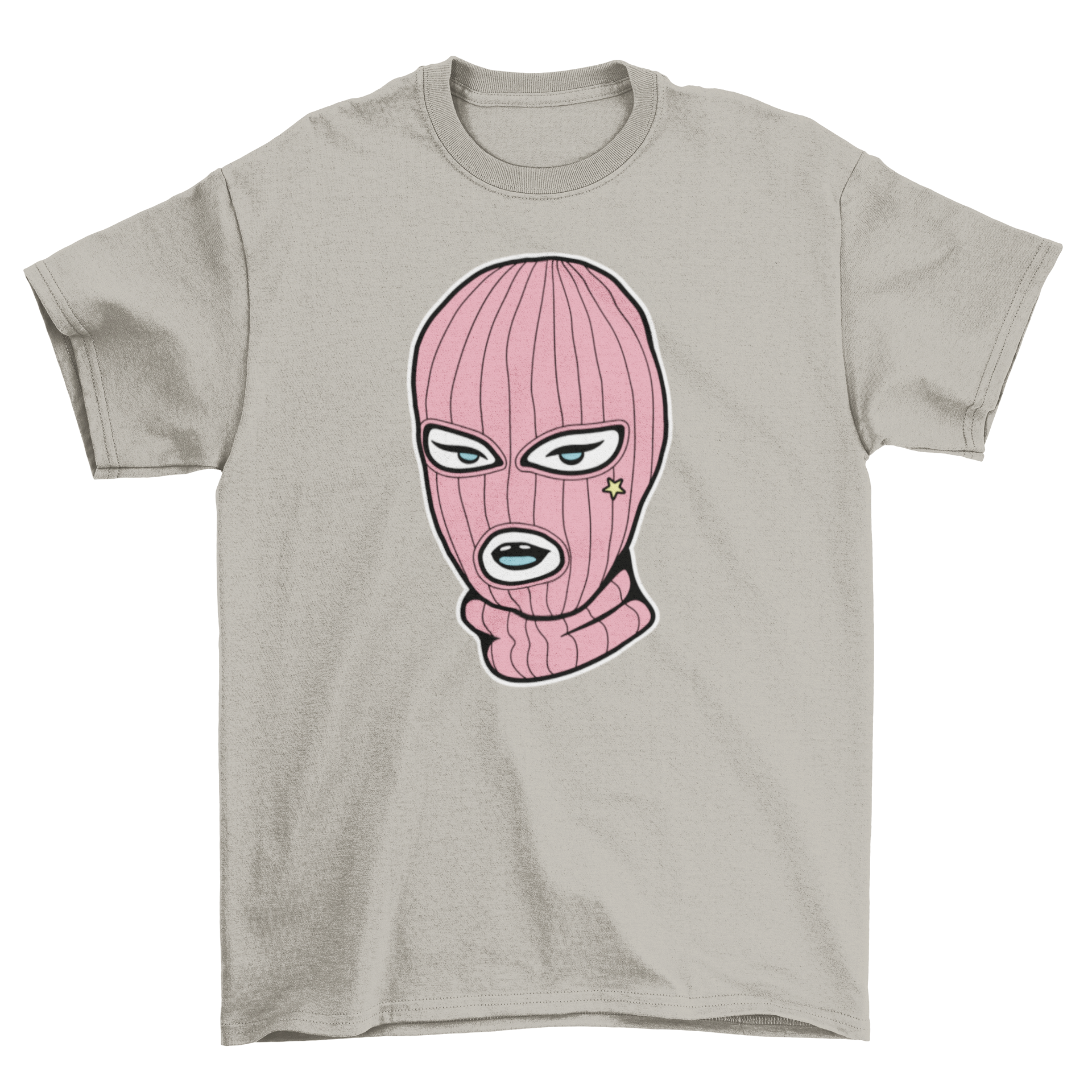 A stylish Pink Ski Mask T-shirt featuring a woman wearing a pink ski mask, showcasing a trendy and unique design.