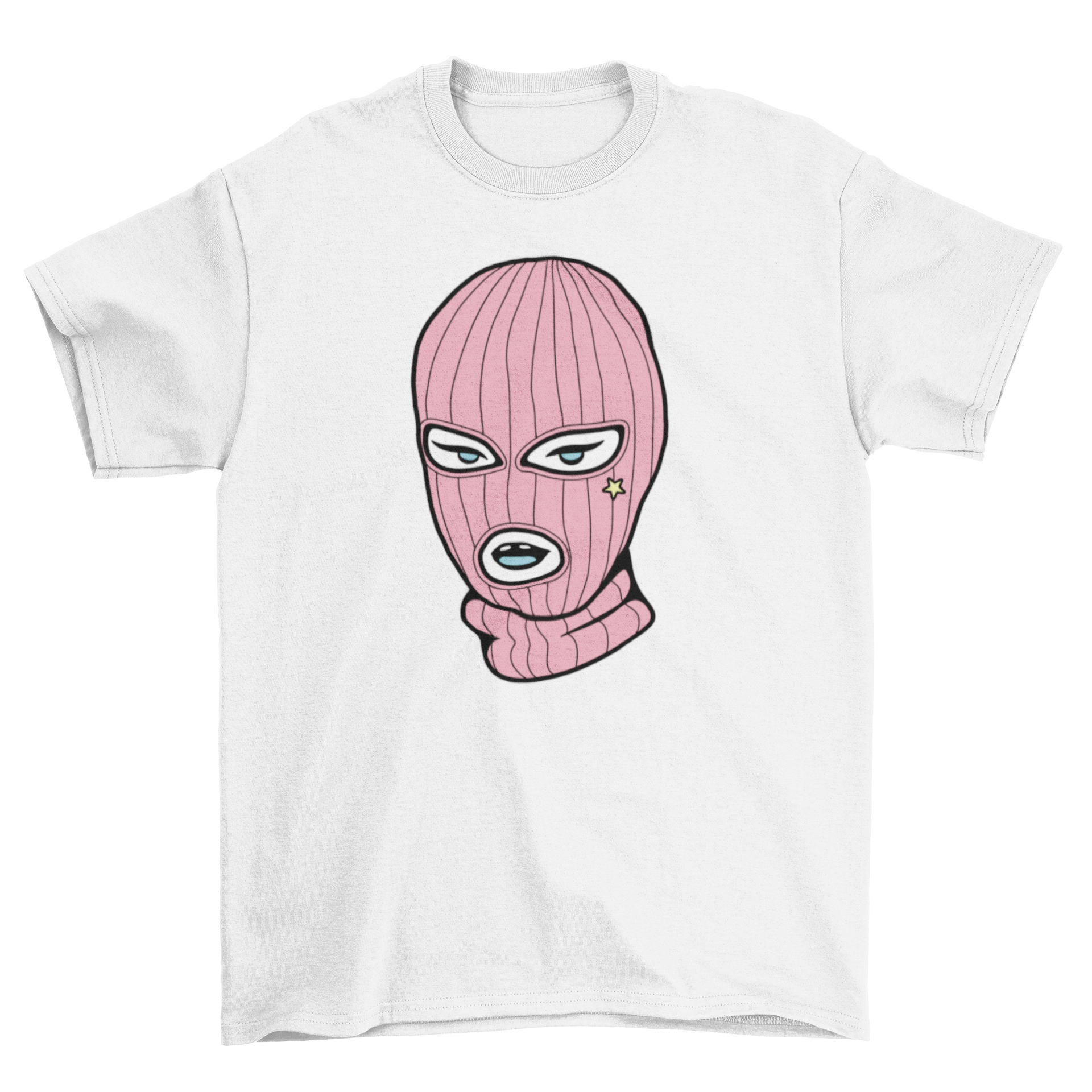 A stylish Pink Ski Mask T-shirt featuring a woman wearing a pink ski mask, showcasing a trendy and unique design.