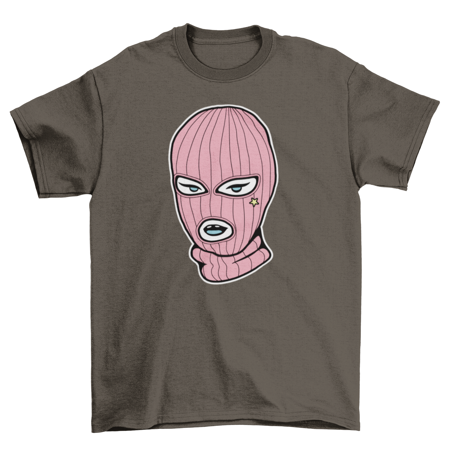 A stylish Pink Ski Mask T-shirt featuring a woman wearing a pink ski mask, showcasing a trendy and unique design.