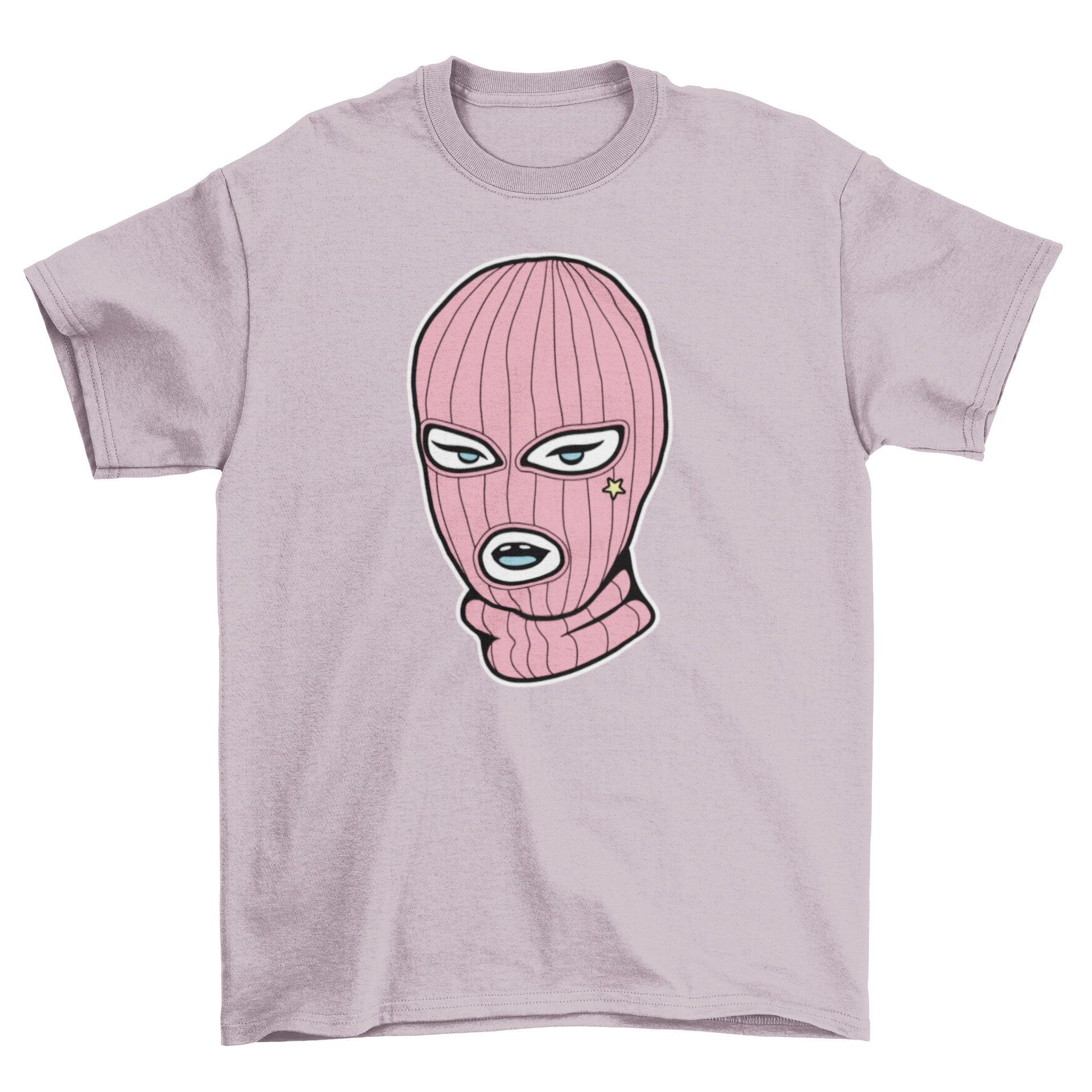 A stylish Pink Ski Mask T-shirt featuring a woman wearing a pink ski mask, showcasing a trendy and unique design.