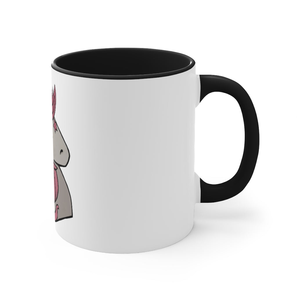 A vibrant pink unicorn accent coffee mug with a white exterior and pink interior, featuring a comfortable C-handle for easy gripping.