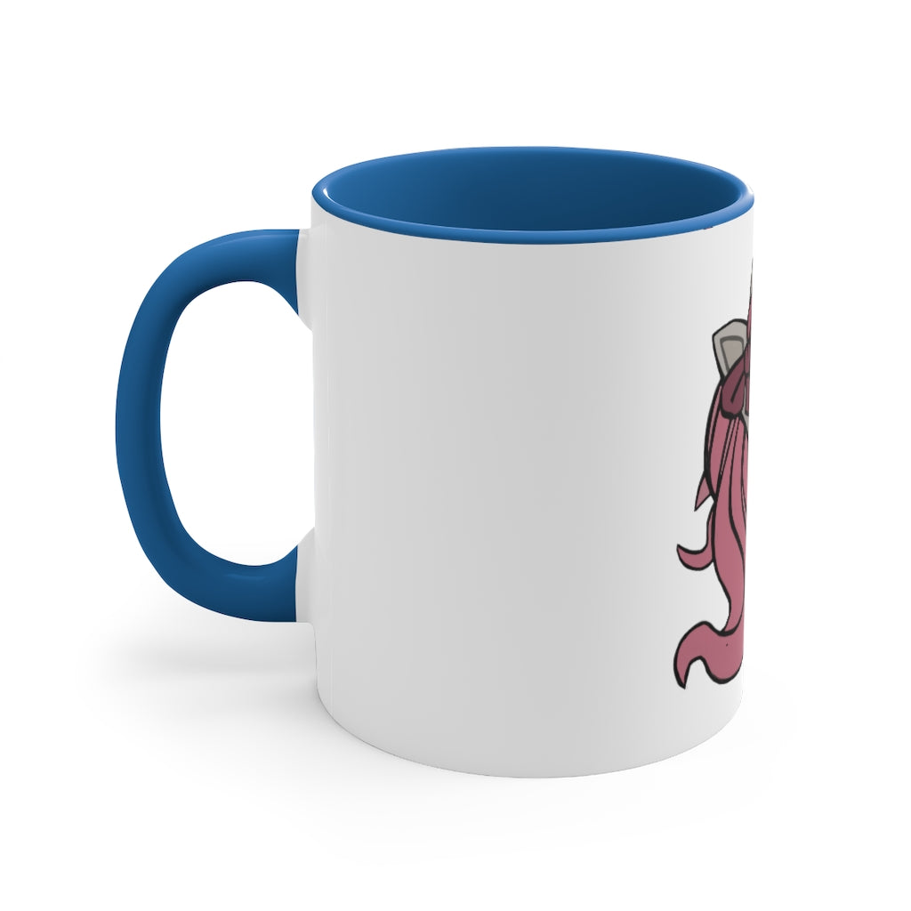 A vibrant pink unicorn accent coffee mug with a white exterior and pink interior, featuring a comfortable C-handle for easy gripping.